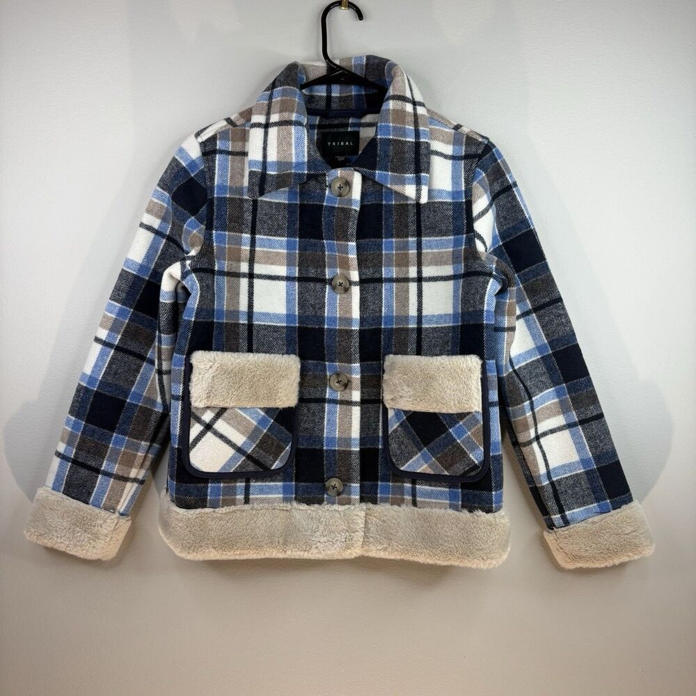 Tribal Plaid Sherpa Fleece Lined Shacket Jacket Women’s XXS Blue Tartan